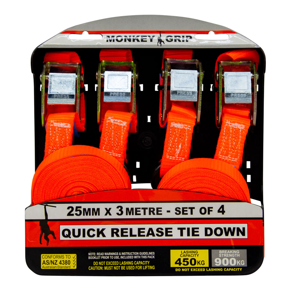 Quick Release Cam Buckle Tie Down 450KG Capacity 3M x 25mm - Monkey Grip 3 Pack