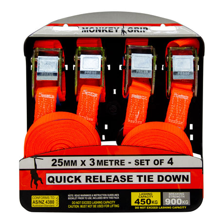 Quick Release Cam Buckle Tie Down 450KG Capacity 3M x 25mm - Monkey Grip 3 Pack