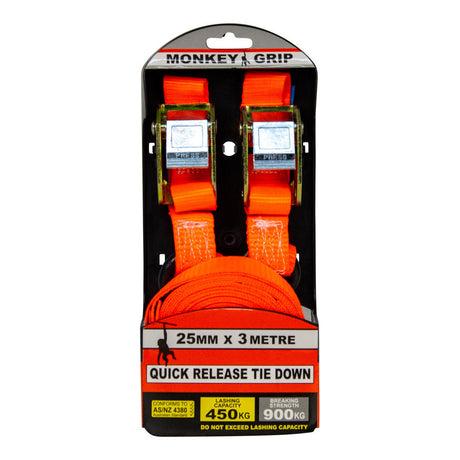 Quick Release Cam Buckle Tie Down 450KG Capacity 3M x 25mm - Monkey Grip 2 Pack