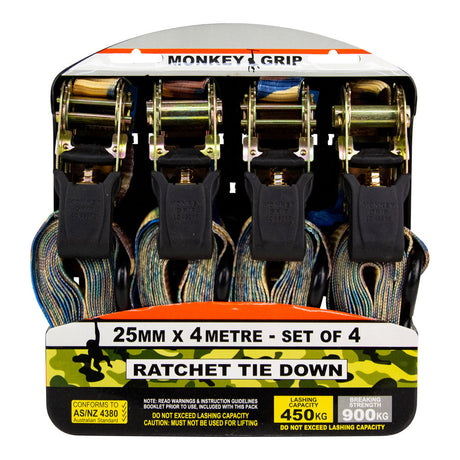 Monkey Grip Ratchet Tie Down 450KG Capacity 4M x 25mm 4 Pack - Monkey Grip | Universal Auto Spares