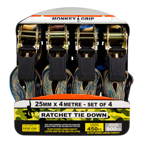 Monkey Grip Ratchet Tie Down 450KG Capacity 4M x 25mm 4 Pack - Monkey Grip