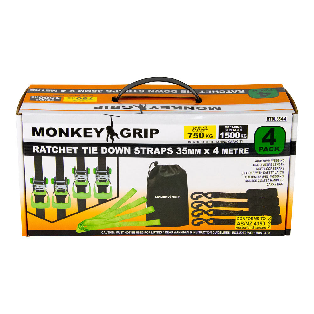 Ratchet Tie Down Soft Loop Straps 750KG Capacity 4M x 35mm 4 Piece - Monkey Grip