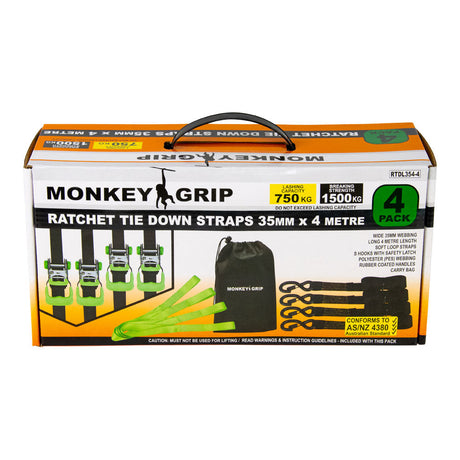 Ratchet Tie Down Soft Loop Straps 750KG Capacity 4M x 35mm 4 Piece - Monkey Grip