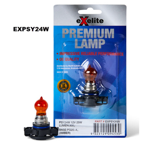 Premium Incandescent Globe 12V 25W PG20-4 (AMBER) PSY24W - Exelite