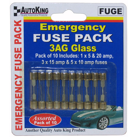 Glass Fuse 10 Piece 1 x 5 & 20, 3 x 15, 5 x 10 AMP Fuses - AUTOKING | Universal Auto Spares