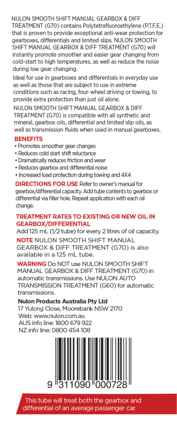 Smooth Shift Manual Gearbox and Diff Treatment - Nulon