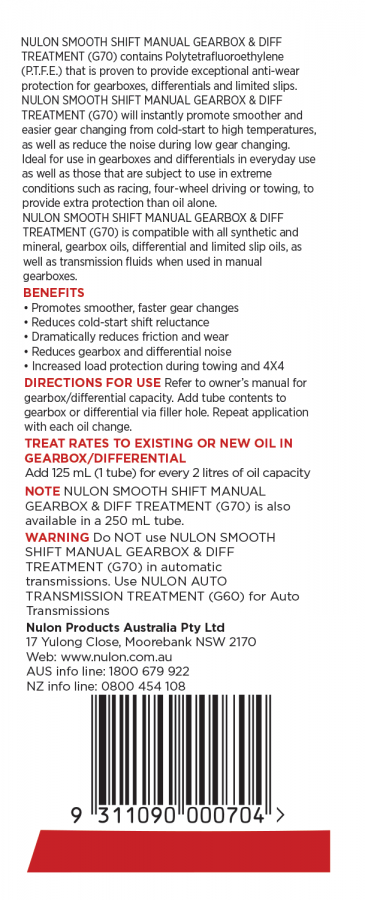 Smooth Shift Manual Gearbox and Diff Treatment - Nulon