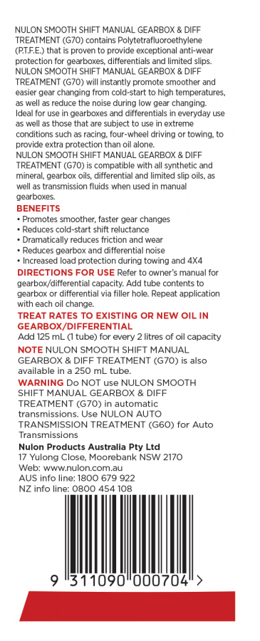 Smooth Shift Manual Gearbox and Diff Treatment - Nulon | Universal Auto Spares