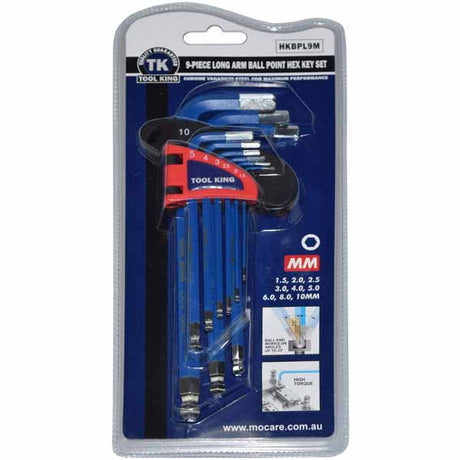 Hex Key Set Metric 9 Piece 1.5-10mm Long Arm Ball Point - Tool King | Universal Auto Spares