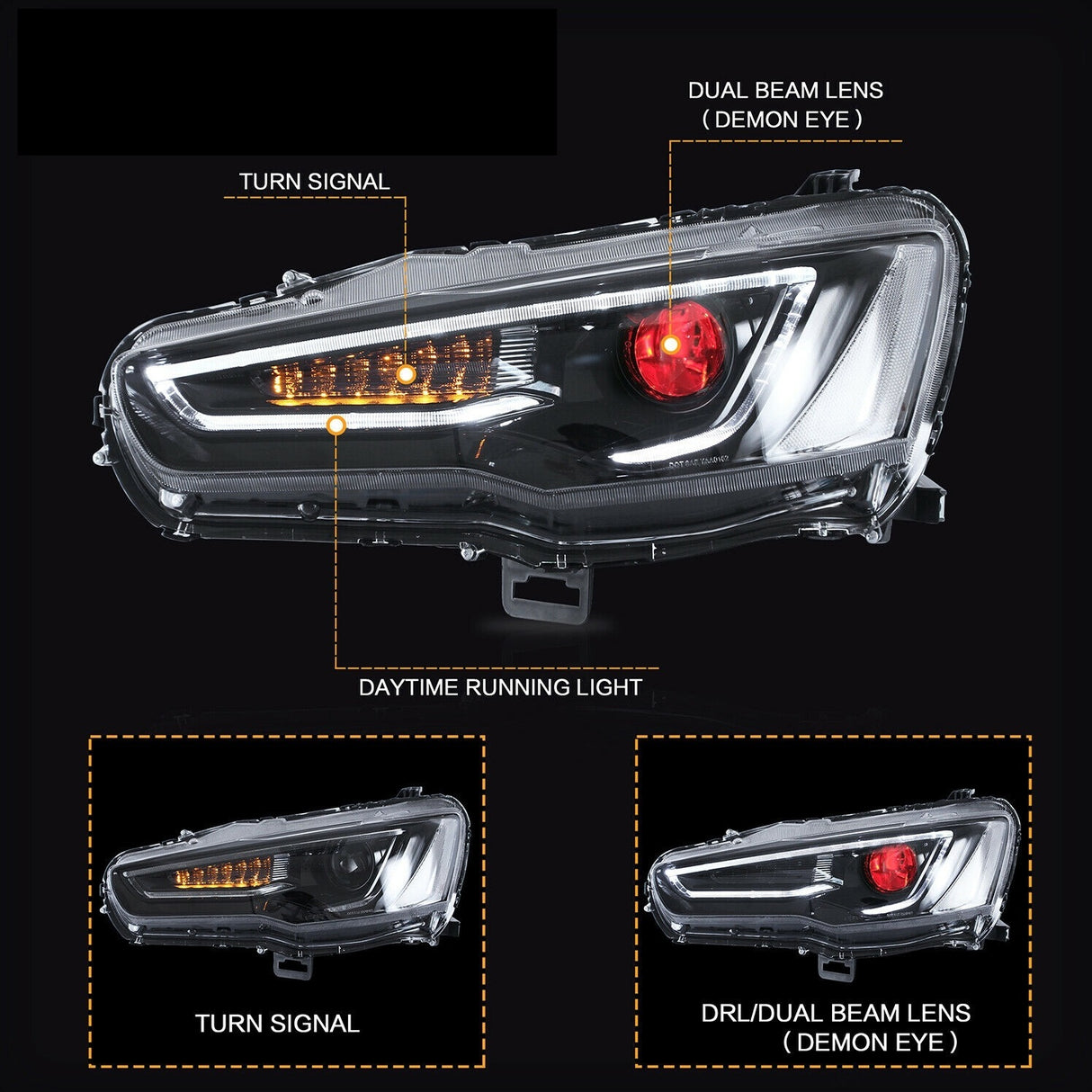 Demon Eye 3D LED DRL Projector Head Light Fit For Mitsubishi Lancer CJ EVO X VRX 2007-2017 HL-MB003LS - Machter