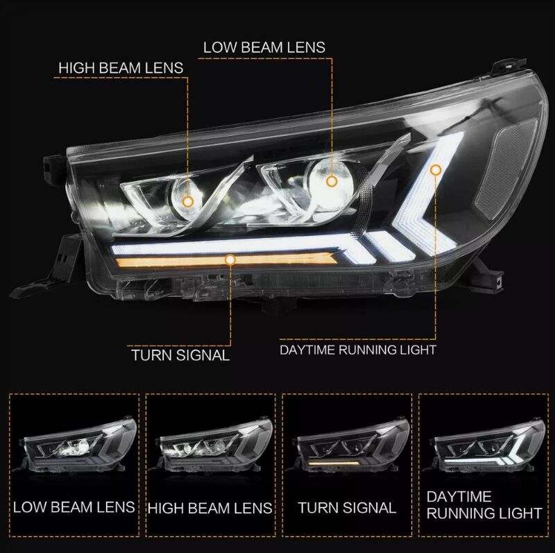Black LED Projector Headlights Dynamic Indicators Fit For Toyota Hilux Revo 2015-2020 HL-TA073LS - Machter