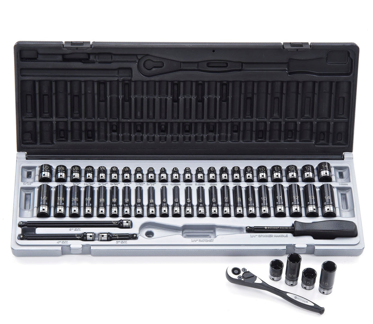53 Pieces 1/4" DR 6-Point Metric & A/F Dual Action Socket Set - Dual Action