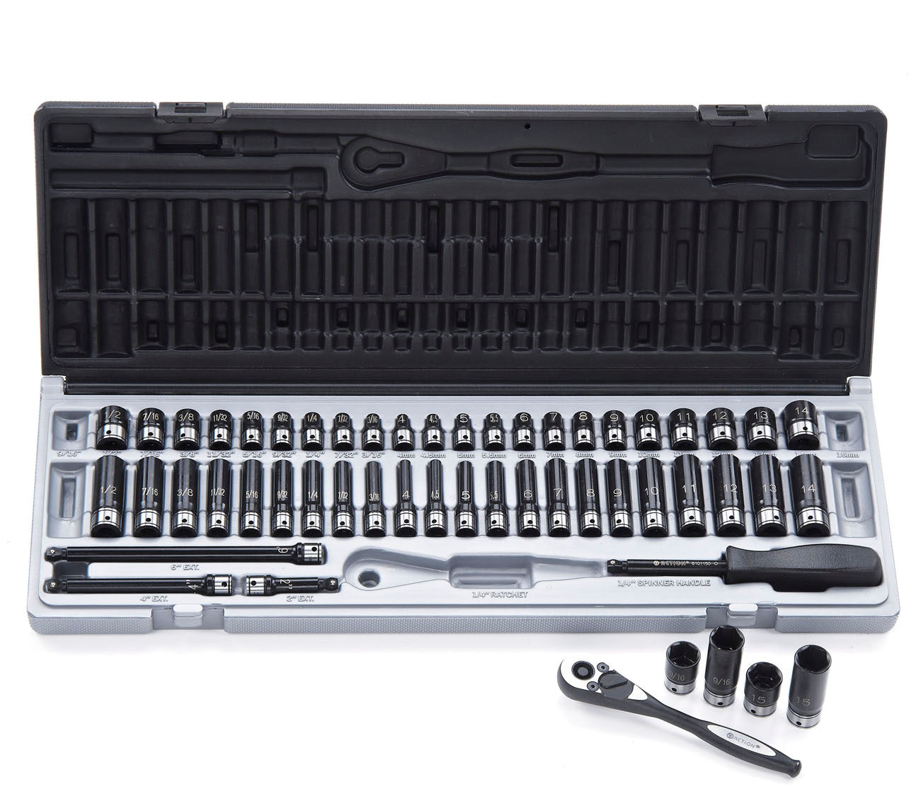 53 Pieces 1/4" DR 6-Point Metric & A/F Dual Action Socket Set - Dual Action