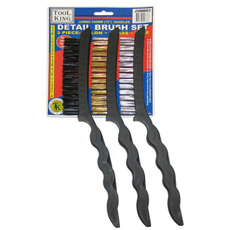 Wire Brush Set 3 Piece with 13" Plastic Handles Nylon, Steel, Brass - Tool King | Universal Auto Spares