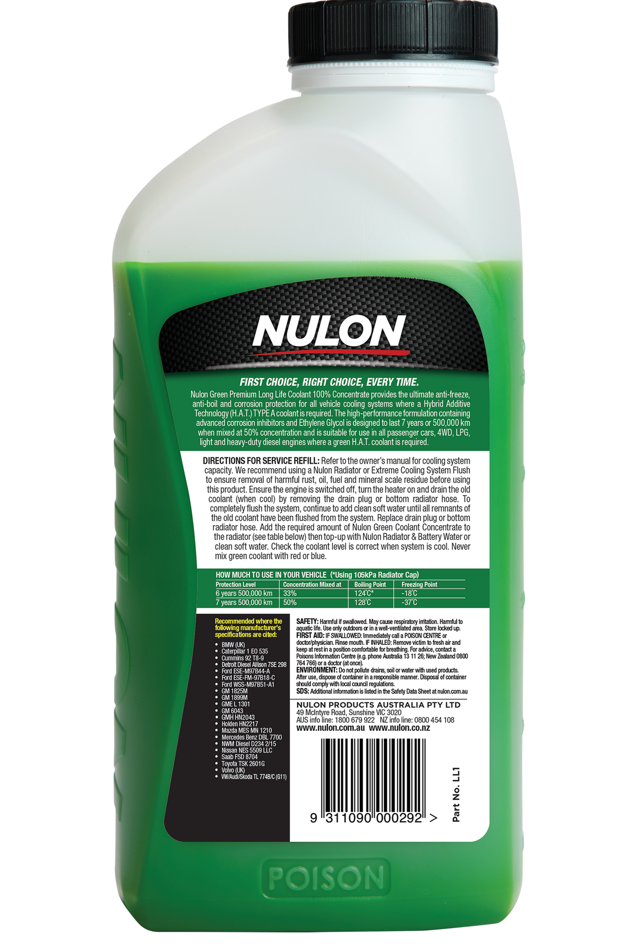 Green Premium Long Life Coolant 100% Concentrate - Nulon