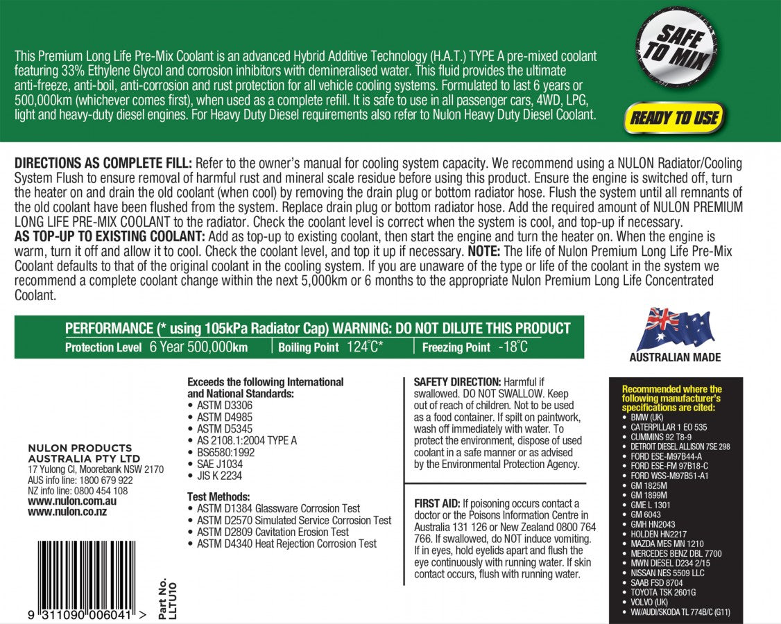Green Premium Long Life Coolant Premix - Nulon
