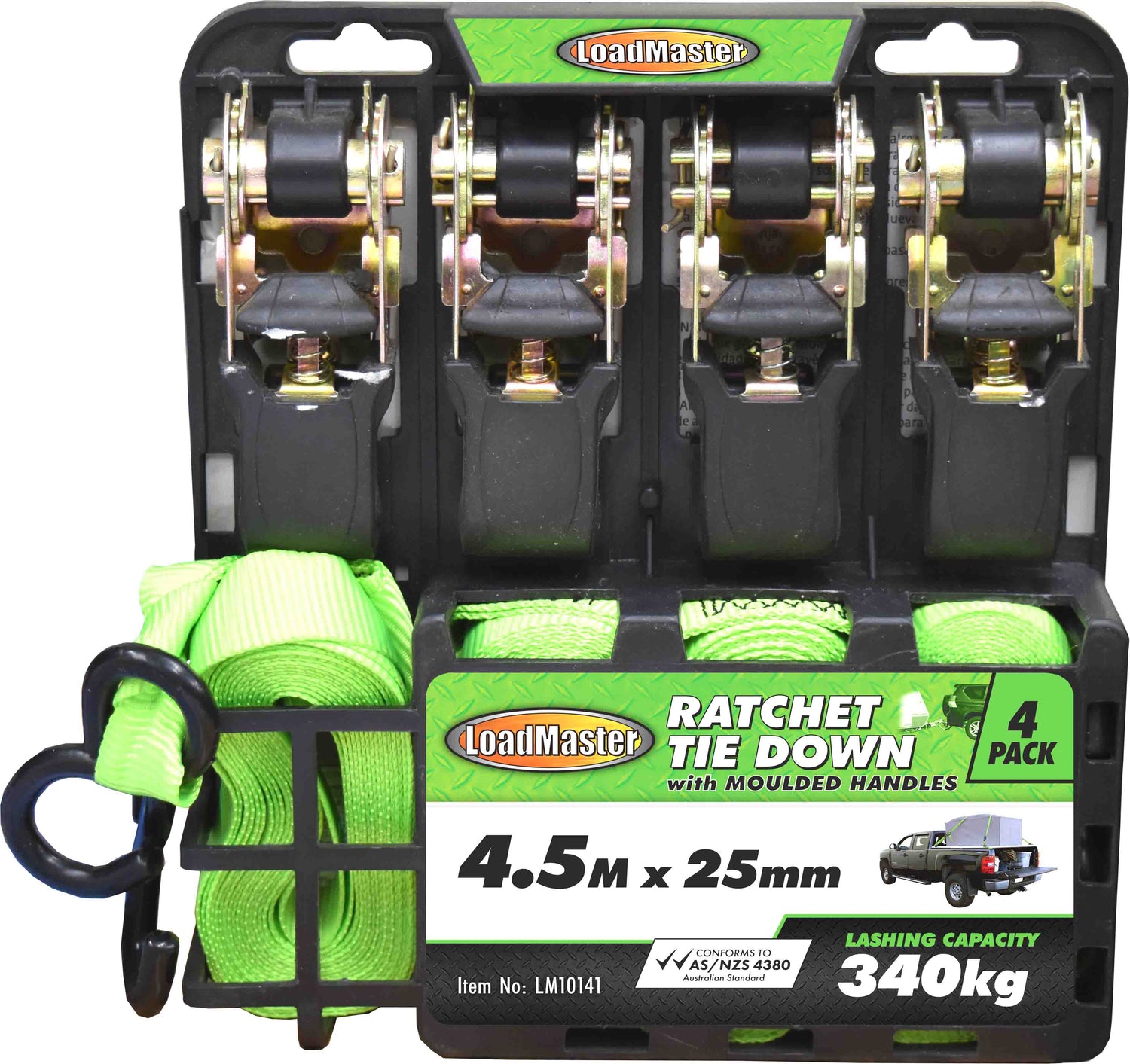 4 Pieces 3 Meter & 4.5 Meter Ratchet Tie Down Set, Medium Duty - LoadMaster 4.5 Metre