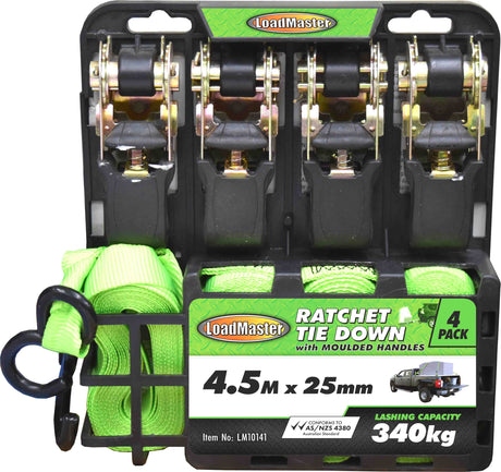 4 Pieces 3 Meter & 4.5 Meter Ratchet Tie Down Set, Medium Duty - LoadMaster 4.5 Metre