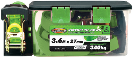 Tie Down Set 4 Pieces Ratchet Reflective Strap Moulded Handles 27mm - LoadMaster