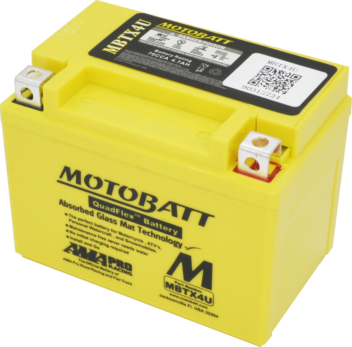 Motorcycle Battery AGM Drycell 12V 70CCA Quadflex Technology MBTX4U - Motobatt