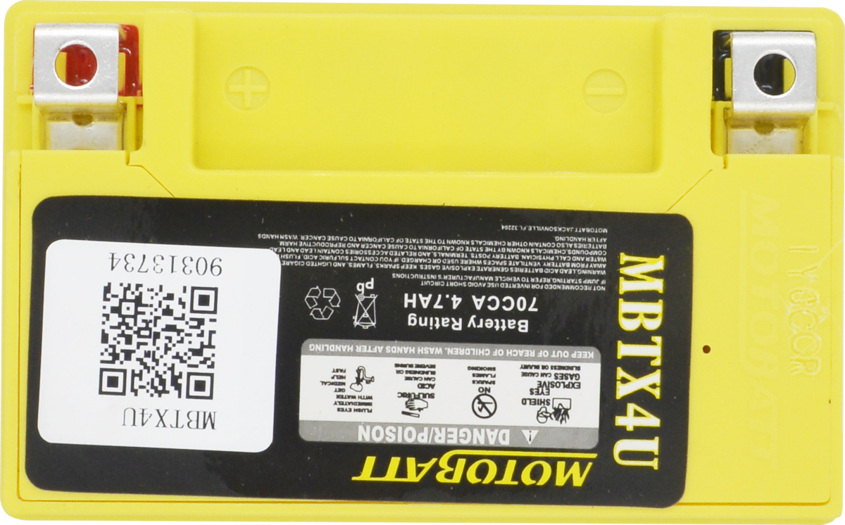 Motorcycle Battery AGM Drycell 12V 70CCA Quadflex Technology MBTX4U - Motobatt