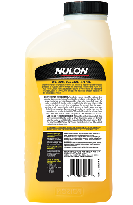Multi-Vehicle ONE Coolant Premix 1L - Nulon
