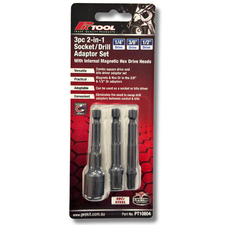 3 Piece 2-in-1 Socket/Drill Adaptor Set With Internal Magnetic - PKTool