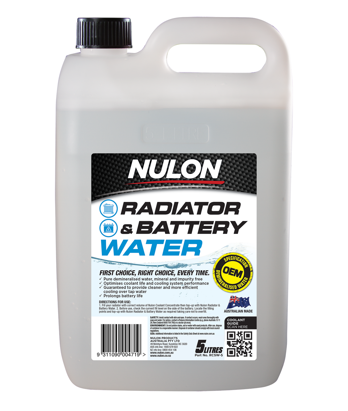 Radiator & Battery Water 5L - Nulon