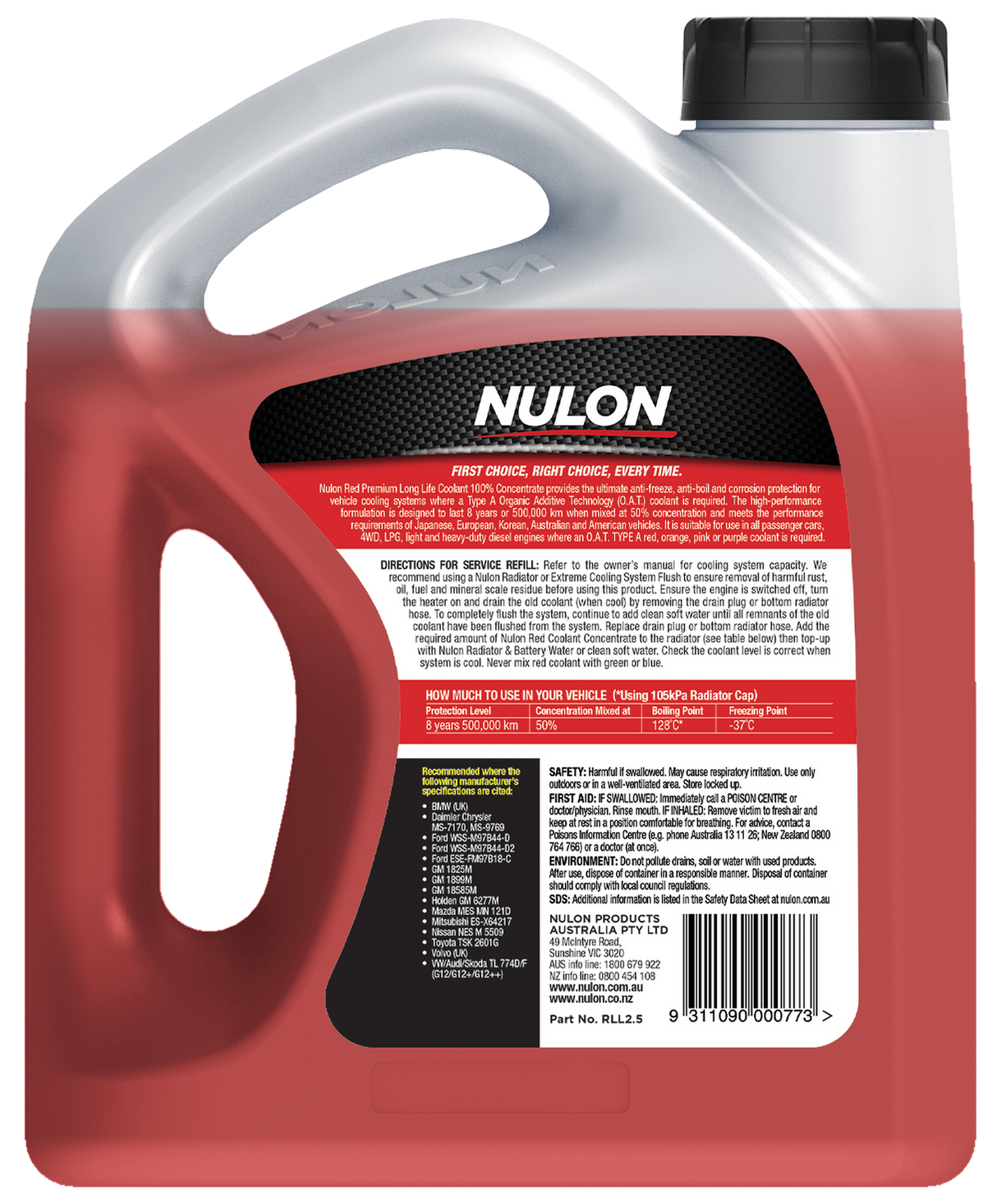 Red Premium Long Life Coolant 100% Concentrate - Nulon
