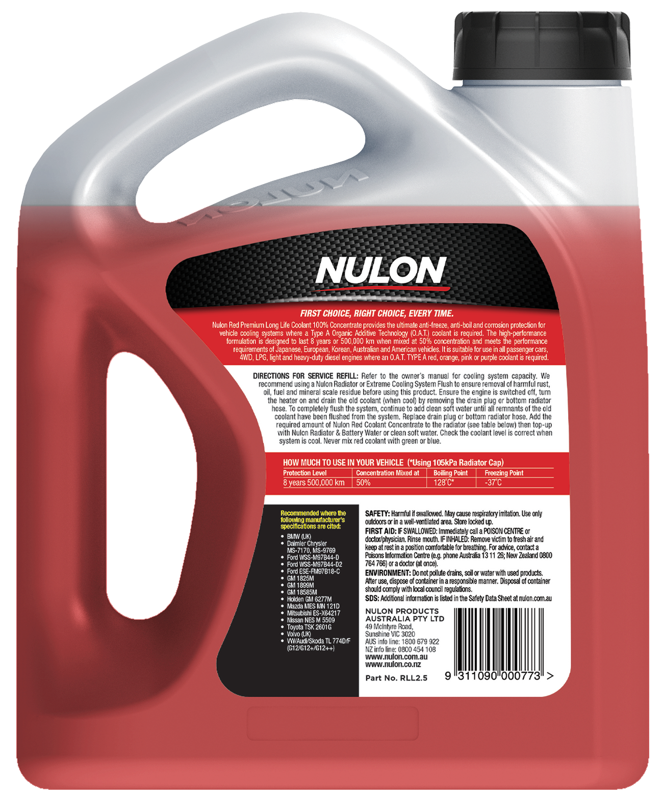 Red Premium Long Life Coolant 100% Concentrate - Nulon