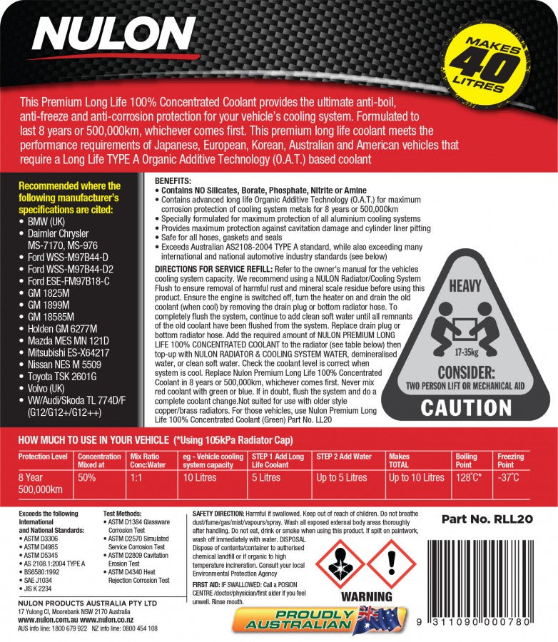 Red Premium Long Life Coolant 100% Concentrate - Nulon