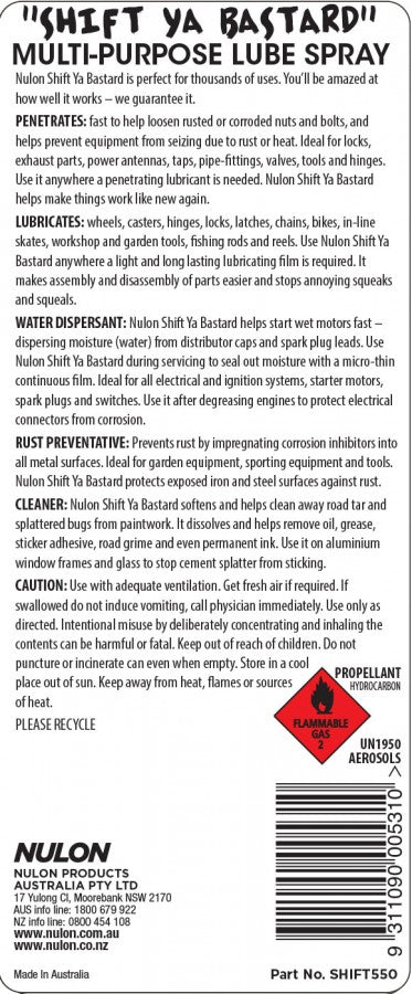 Shift Ya Bastard Multi-Purpose Lube Spray - Nulon