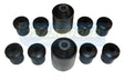 Set of black rubber bushings on a white background