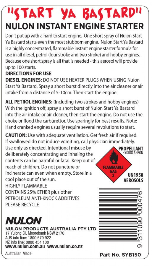 Start Ya Bastard Instant Engine Starter - Nulon
