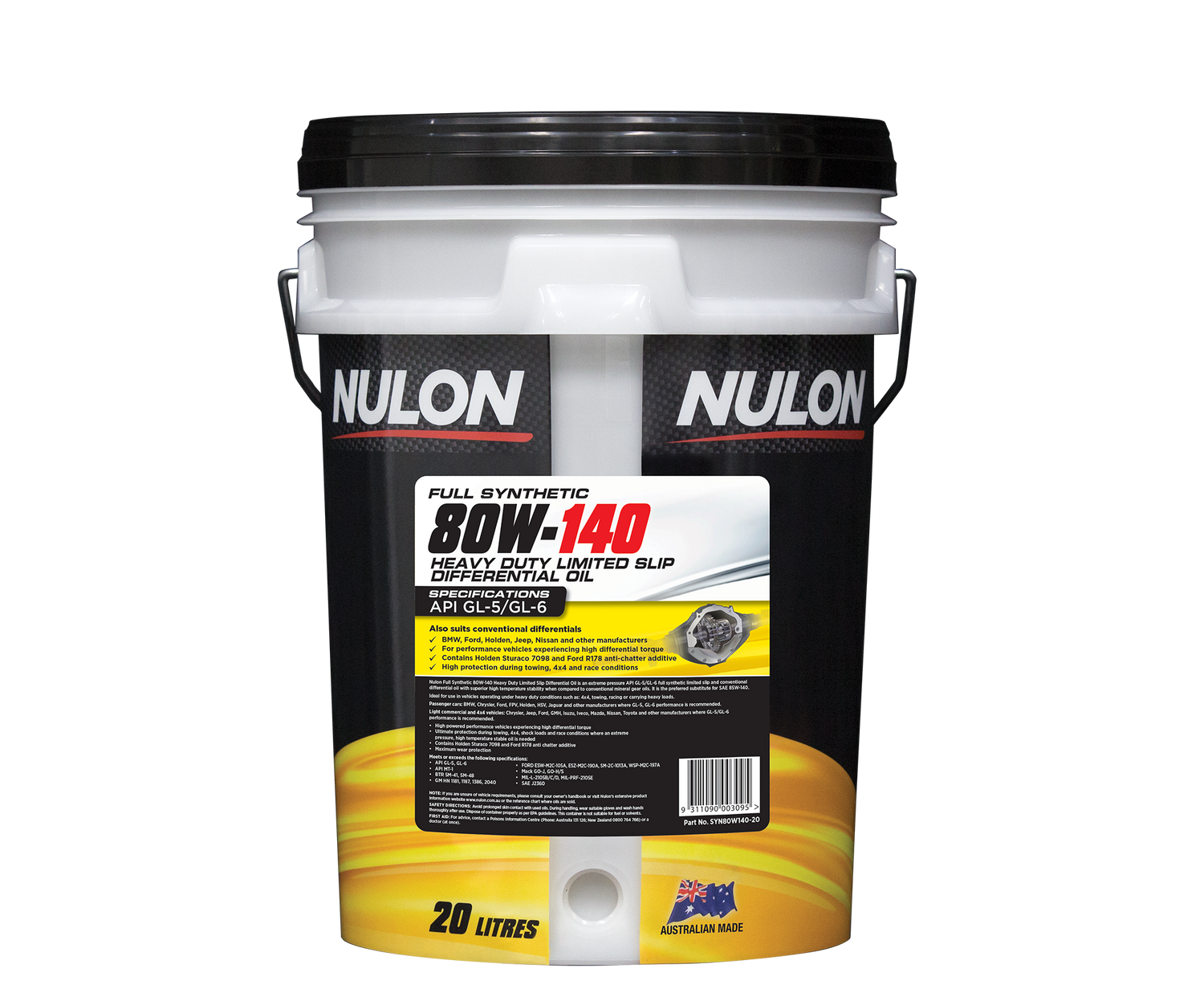 Full Synthetic 80W-140 Heavy Duty Limited Slip Differential Oil - Nulon 20L