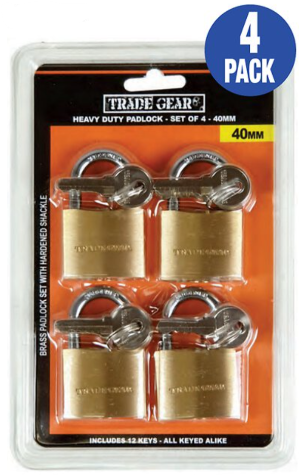 4 Piece Brass Padlock with 3 Keys 30-40mm - Trade Gear 40mm