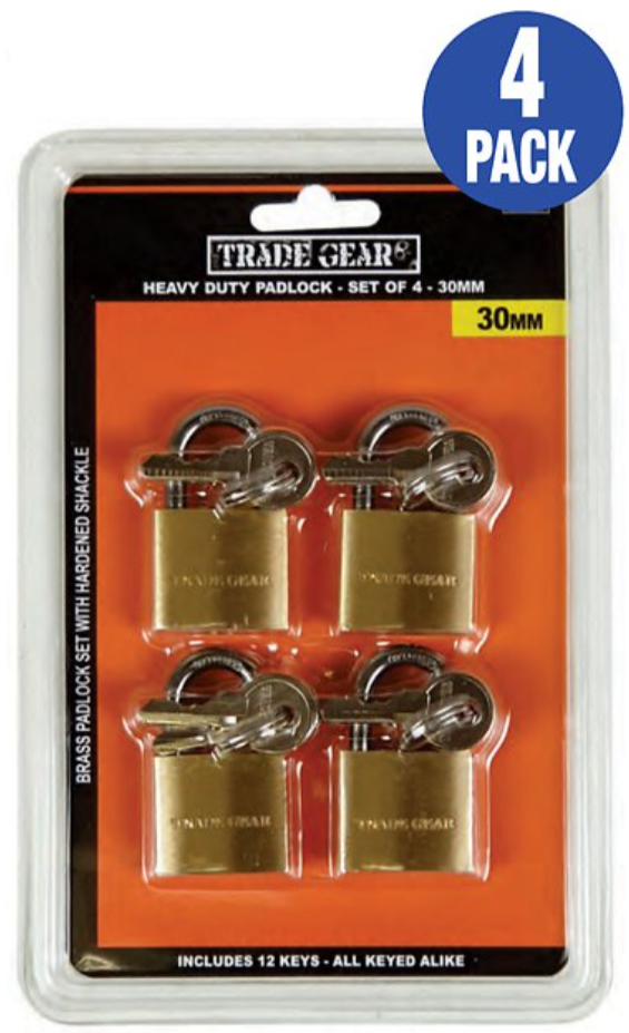 4 Piece Brass Padlock with 3 Keys 30-40mm - Trade Gear 30mm