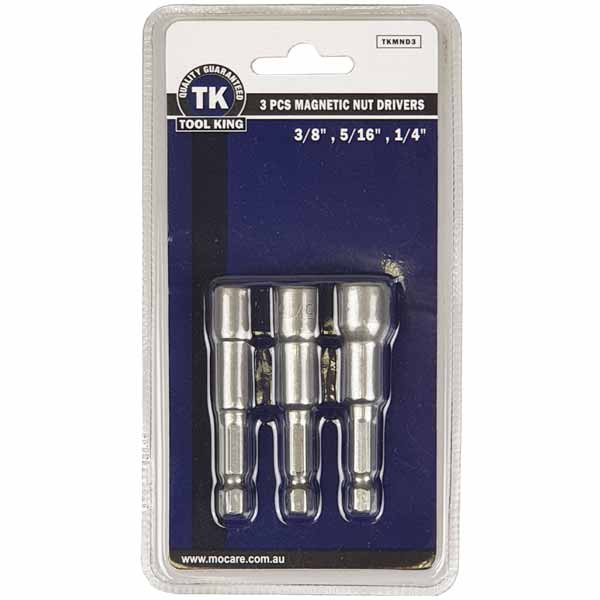 3 Piece Power Bit Set Magnetic Nut Drivers Chrome Steel - Tool King