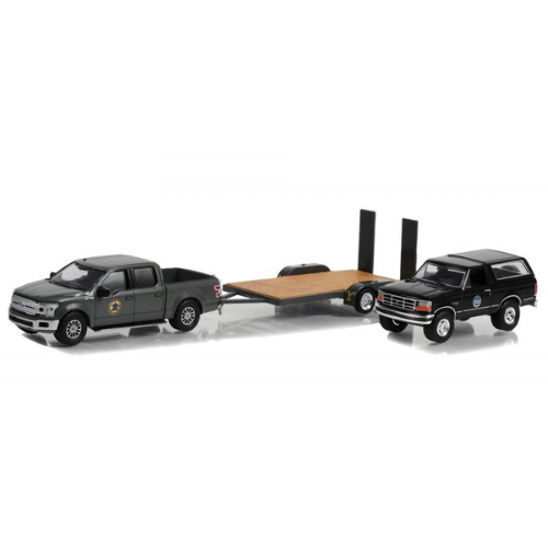 2018 Ford F-150 Yellowstone Montana Livestock Association with 1992 Ford Bronco Hitch n Tow Series 11 Diecast Model Car 1:64 Scale (Approx. 7cm) Collectible