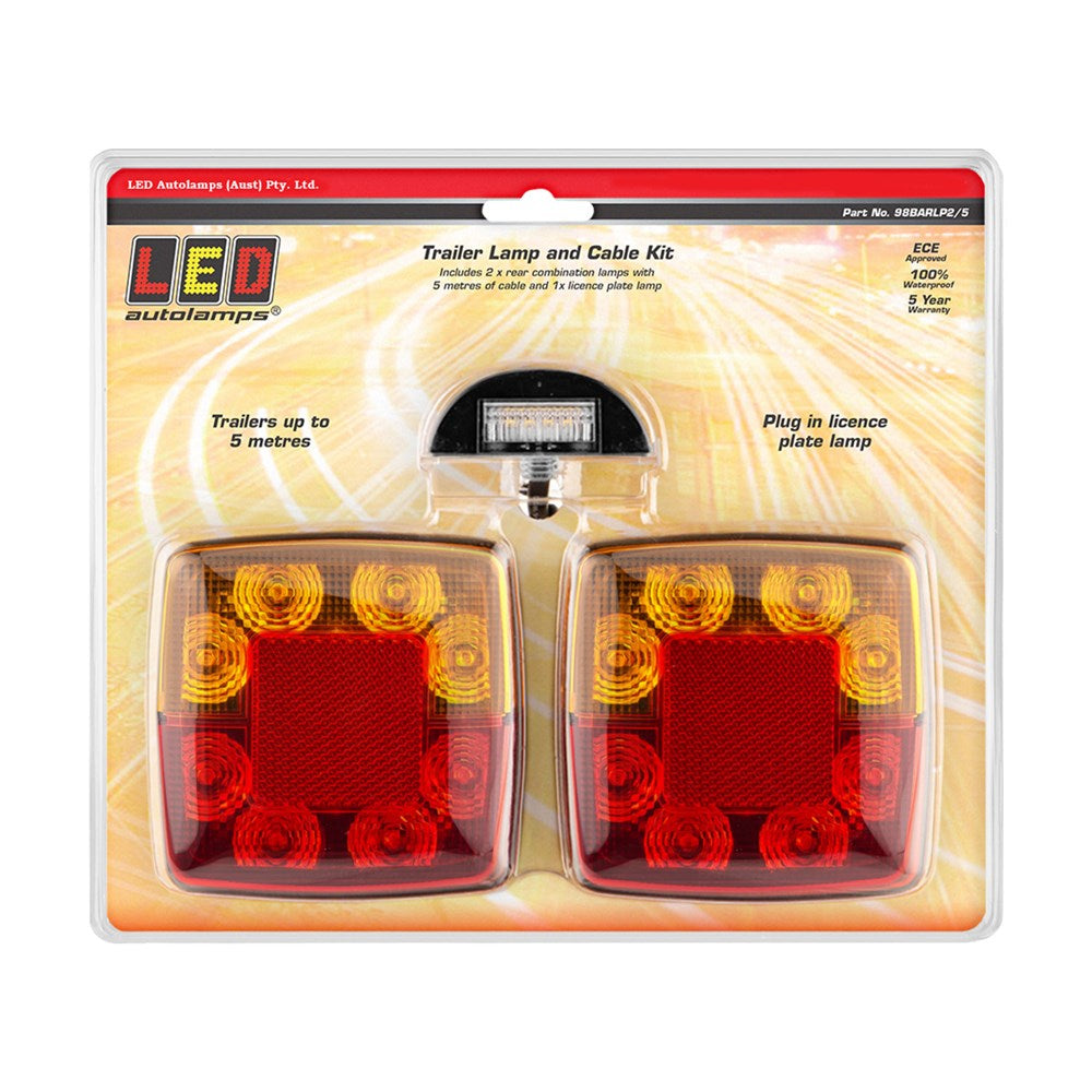 5M Small Square LED Trailer Lamp Kit Reflex Reflector & Licence Plate Lamp Stop/Tail/Indicator - LED AutoLamps