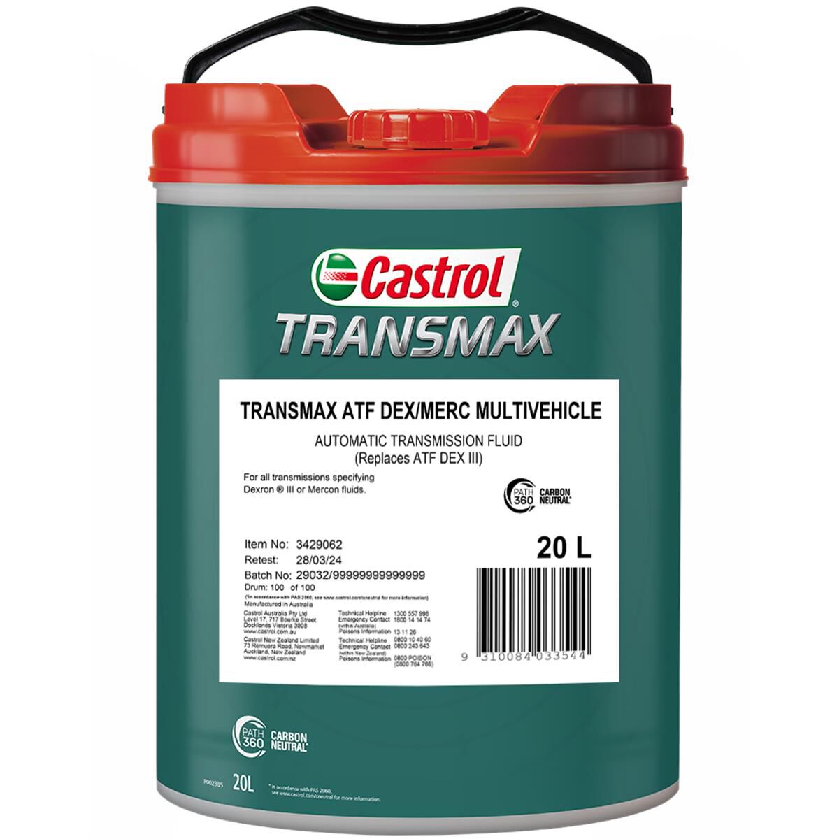 TRANSMAX ATF Dex/Merc Multivehicle 20L - Castrol - Automatic Transmission Fluid - Castrol