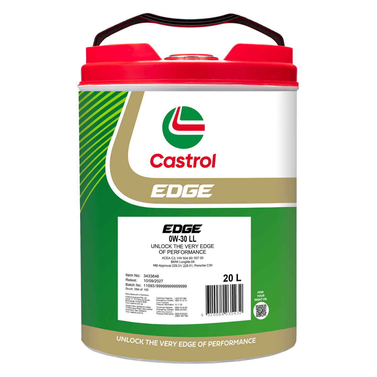 EDGE 0W - 30 LL 20L - Castrol - Full Synthetic Engine Oil - Castrol
