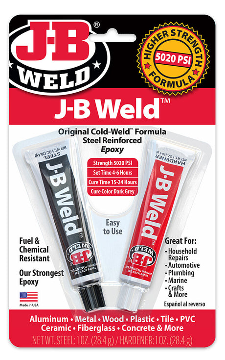 J-B Weld epoxy packaging with two tubes on a red and black background