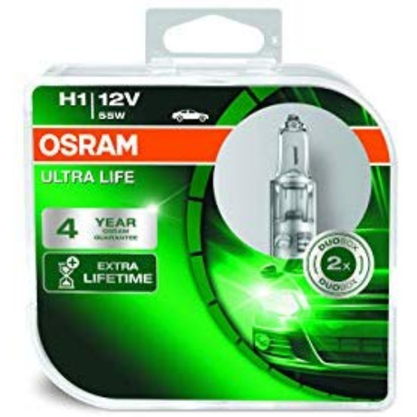 Halogen H1 12V 55W P14.5S Ultra Life Duo Pack 1=2 Globes D/Box 64150ULT-HCB - Osram