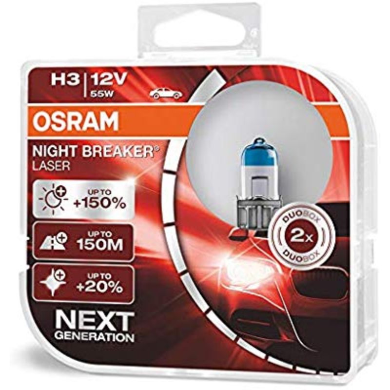 Halogen H3 12V 55W PK22S Nightbreaker Laser 1=2 Globes 64151NL-HCB - Osram