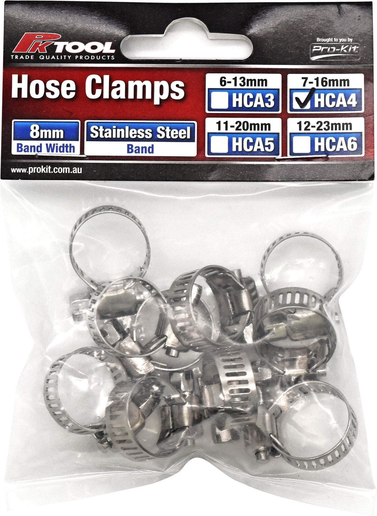 10pc Hose Clamp Pack Fits Hoses 7 to 16mm with 8mm Stainless Steel Band - PKTool | Universal Auto Spares
