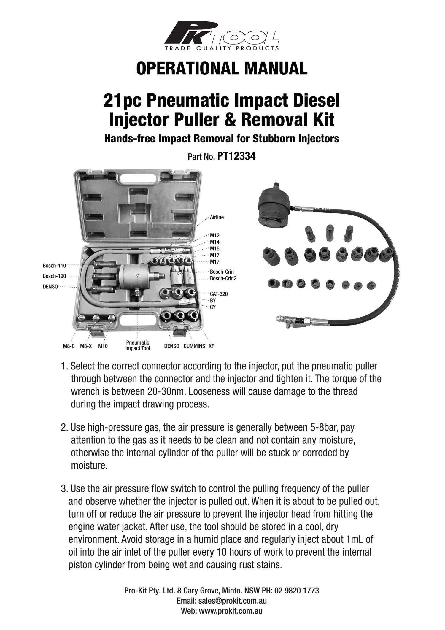 21 Piece Pneumatic Impact Diesel Injector Puller & Removal Kit - PKTool