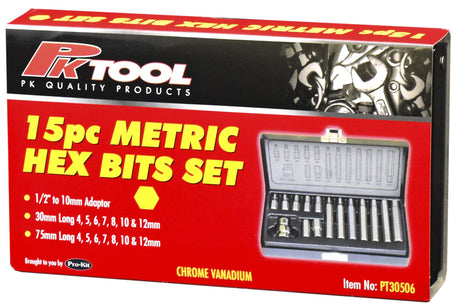 15 Piece 1/4" Hex Metric Hex Bits Set - PKTool
