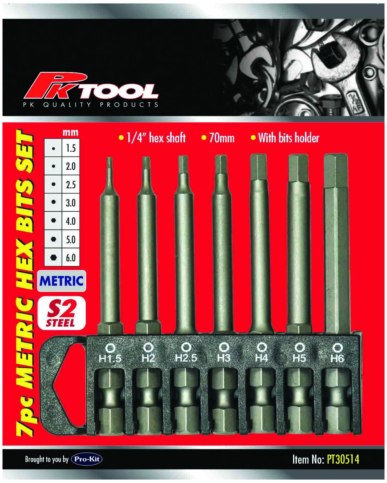 7 Piece 1/4” Hex 70mm Metric Power Bit Hex Bits Set - PKTool
