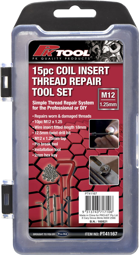 Thread Repair Kit 15 Pieces Coil Insert With Drill, Tap & Coils M12 x 1.25 x 18mm - PKTool
